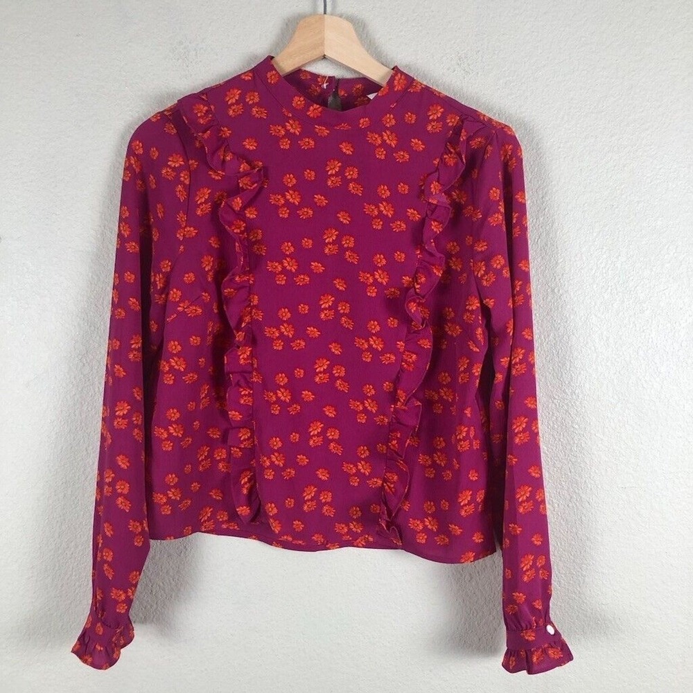 Forever 21 Floral Shirt Women Small Pink Ruffled Stretch Cropped Boho Festival